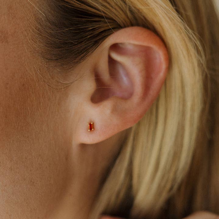 The Land of Salt Dara Red Garnet CZ Baguette Stud Earrings