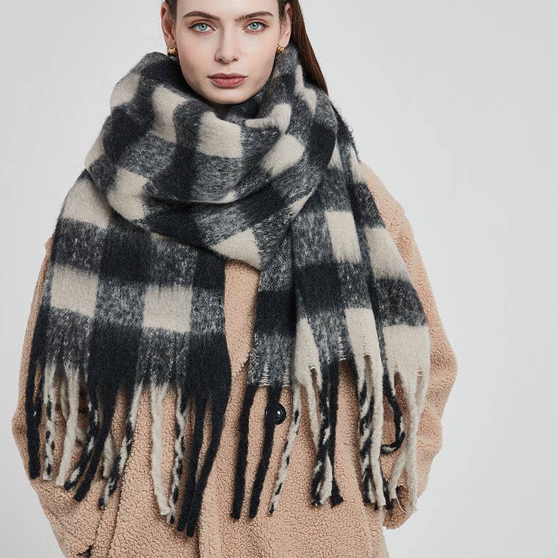 Dipped Shop Plaid Contrast Color Tassel Scarf Black White