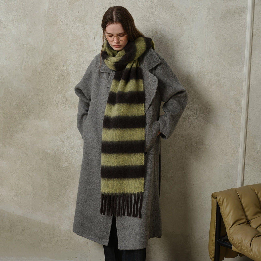 Dipped Shop Striped Color Block Thick Tassel Warm Scarf in Black/Olive