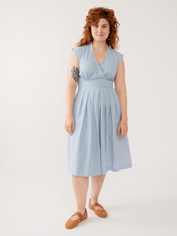 Mata Traders Lucille Dress in Blue Stripe Linen