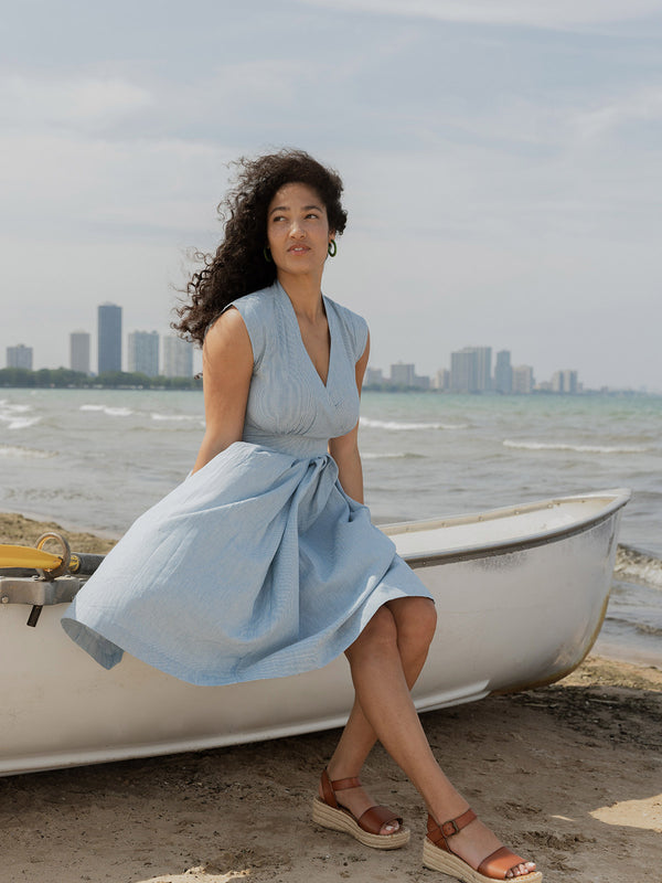 Mata Traders Lucille Dress in Blue Stripe Linen