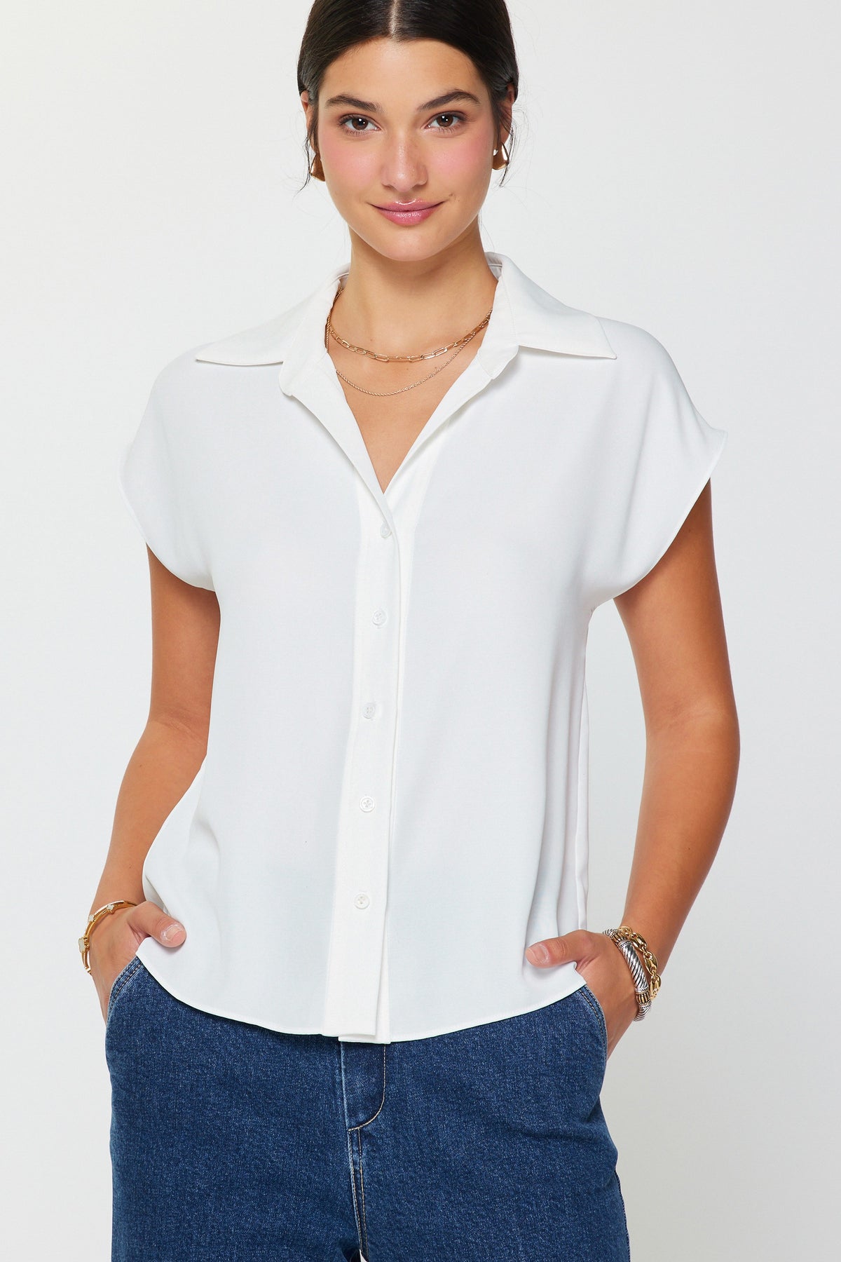 NYLAND Bella Cap-Sleeve Button Down Blouse White