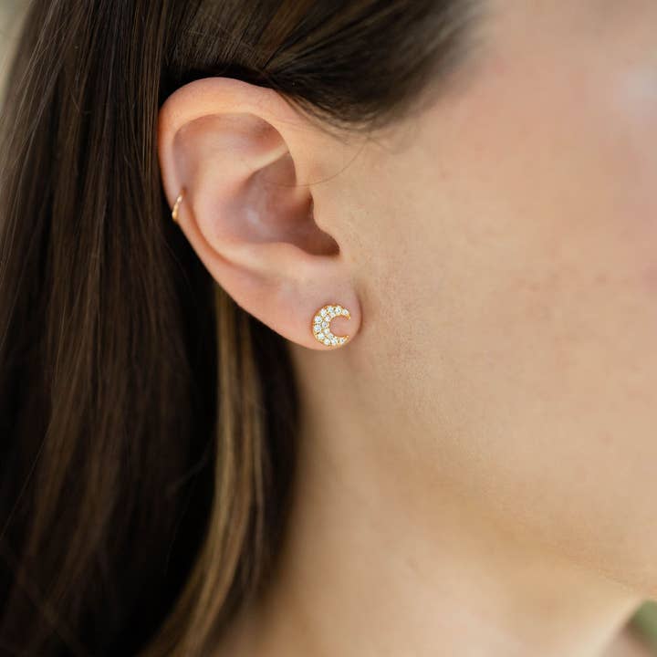 The Land of Salt Crescent Moon CZ Diamond Stud Earrings