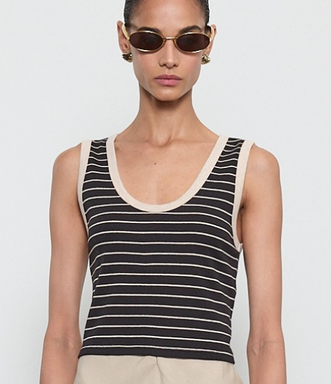 Enza Costa Cotton Stripe Classic U Tank in Wheat/Black