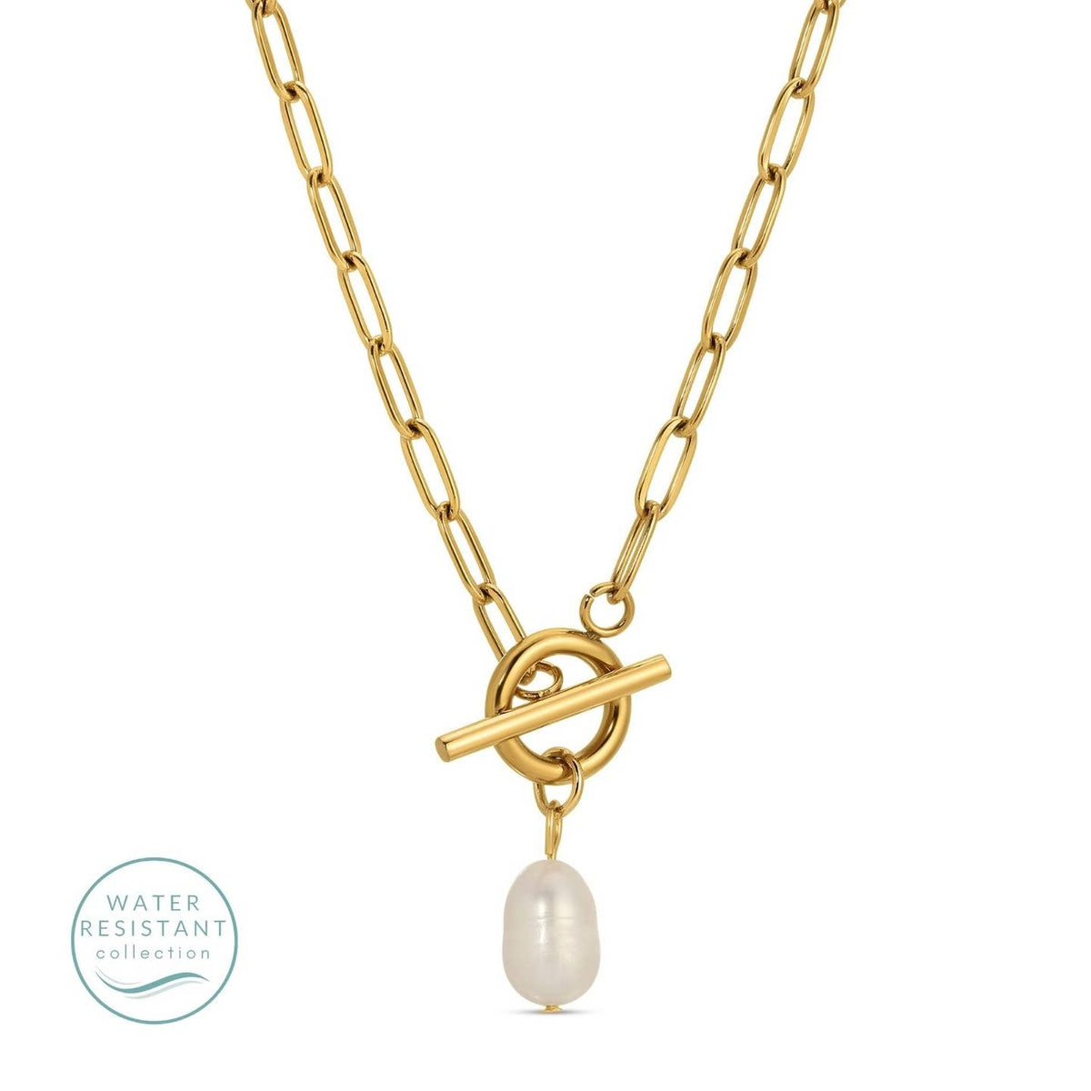 Splendid Iris Toggle Water Resistant Paperclip Necklace with Pearl