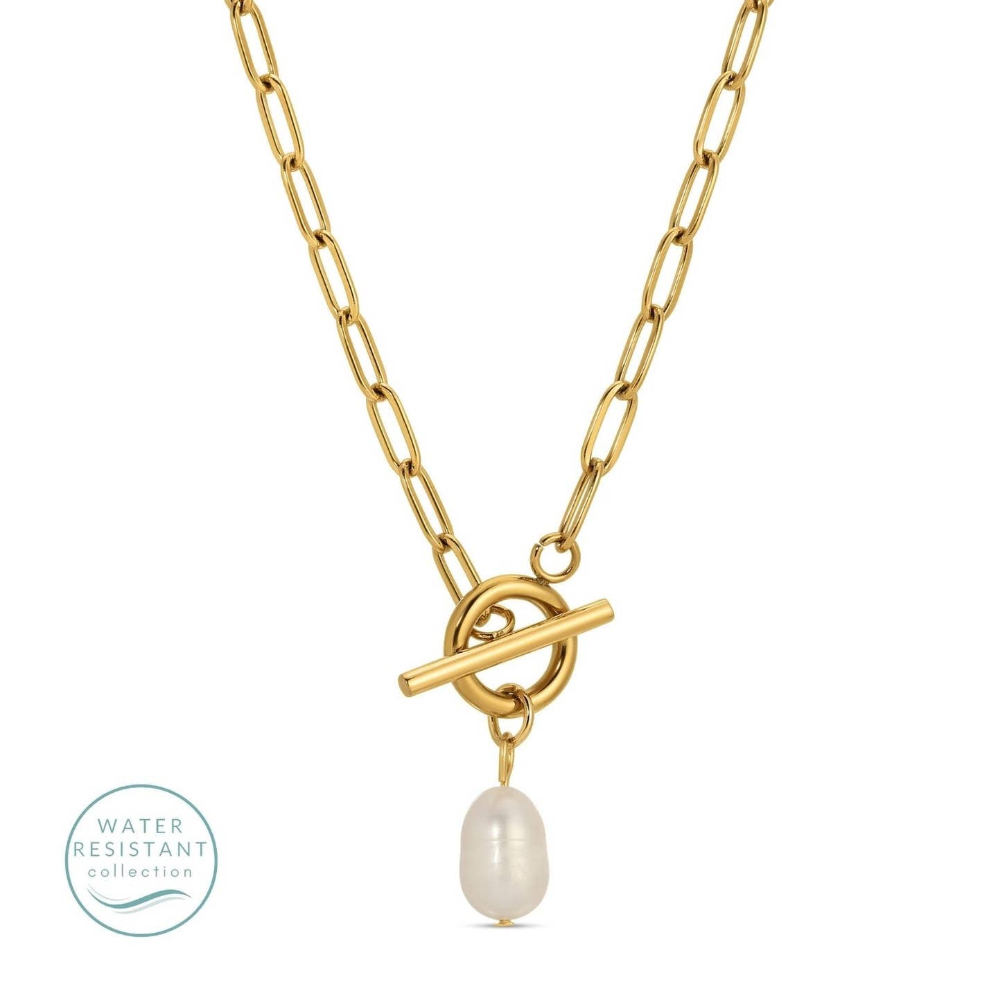 Splendid Iris Toggle Water Resistant Paperclip Necklace with Pearl